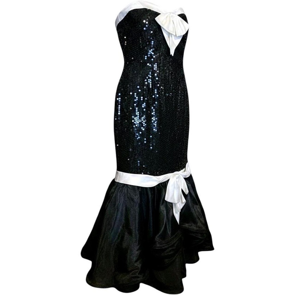 Vintage 90s Black Sequin Mermaid Gown 12-14 White Oversize Bows Prom Homecoming